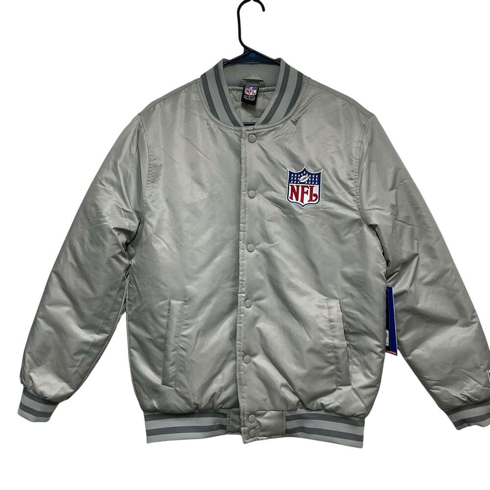 NFL Shield Logo Satin Varsity Jacket Silver Gray Bomber Snap Front Men's Size S